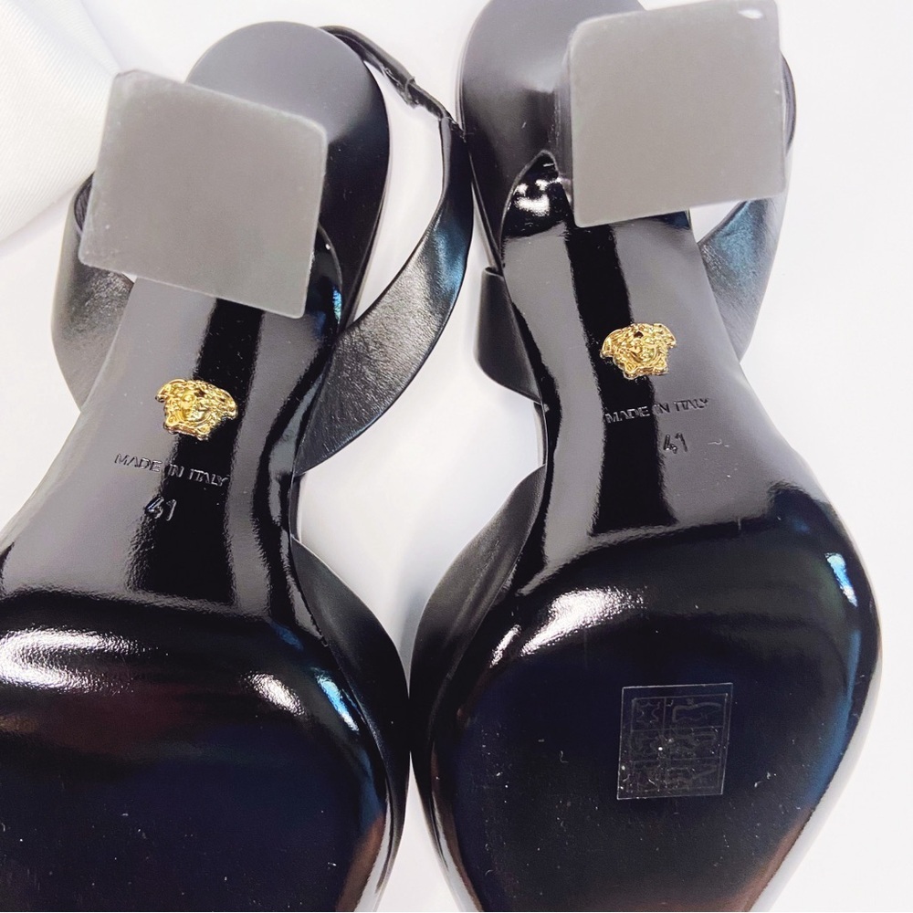 Versace Black Slingback Pointed Toe Heels with Medusa Chain - Picture 11 of 17